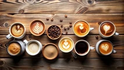 top view various flavor Coffee hot cold lay flat wooden table mock up blank space text Stock Photo